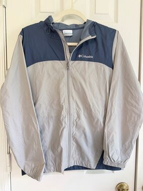Columbia Boys Windbreaker Jacket Blue Gray Hooded Lightweight Size L 14/16